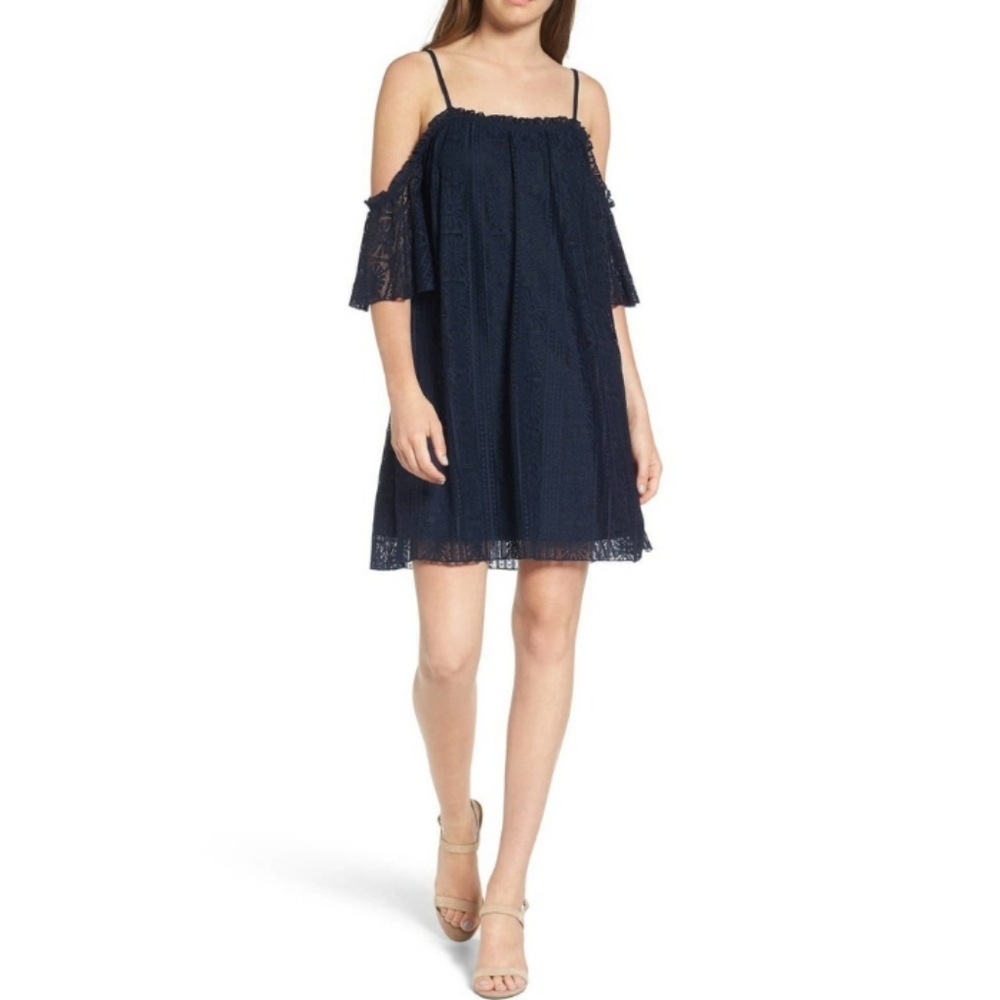 Love, Fire Off Shoulder Lace Navy Blue Lace Mini Dress Sz XS